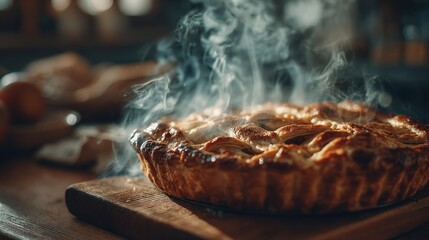 Freshly Baked Apple Pie with Steam Rising from Golden Crust