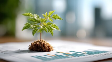 A small green plant sprouting from a mound of soil, placed on a document with graphs, symbolizing growth and sustainability in a business context.