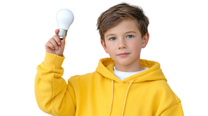 A young boy wearing a bright yellow hoodie, holding a light bulb, symbolizing ideas and creativity against a white background.