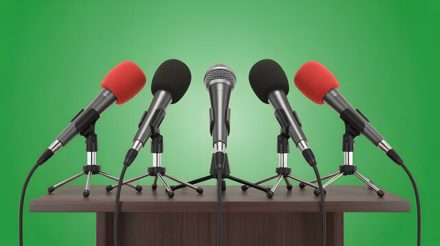 Five microphones ready for important announcements and media events