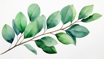 a watercolor painting of a single eucalyptus branch with green leaves on a white background the branch is painted in a realistic style with subtle variations in color and texture the leaves are arr