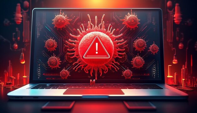 a laptop showing a virus warning with a red alert symbol