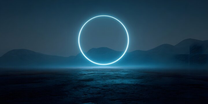 An abstract, neon-blue circle is illuminated on the front of a mountain background, with empty space in the center. 