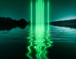 vibrant green neon lights reflect on a tranquil surface in an enchanting atmosphere during a mysterious night