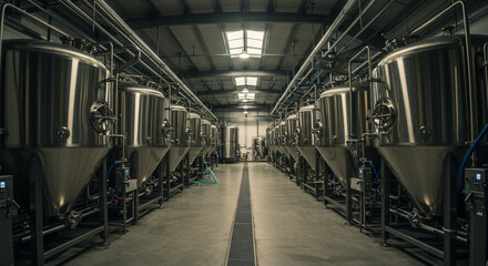 Obraz premium Long corridor lined with rows of large stainless steel fermentation tanks in a modern brewery.