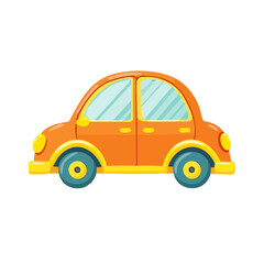 Fototapeta premium Cute cartoon orange car illustration, children's toy vehicle with blue wheels