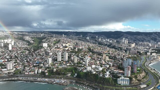 Vina del Mar in Chile with a rainbow. Beautiful aerial image of the coastline.