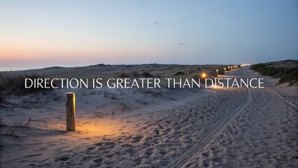 Fototapeta premium Serene beach pathway at dusk with inspirational quote on direction and journey