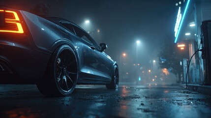 Obraz premium Sleek Silver Car Parked at Gas Station in Foggy Night Scene