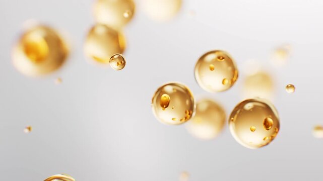 Transparent golden liquid bubbles background, 3d rendering.