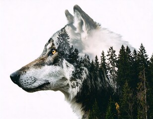 Wolf's head, double exposure with forest