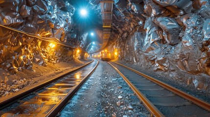 Obraz premium An expansive railway tunnel illuminated by warm yellow lights, extending into the distance with a train approaching, showcasing the engineering marvel of modern infrastructure