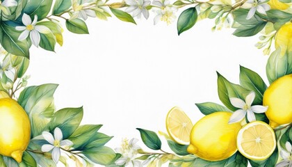 watercolor lemon and flower border frame with copy space