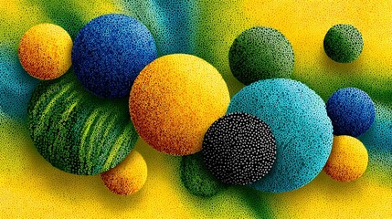 A neon yellow and teal glitter pen sketch of playful bubbles and dots, with a smooth vector appearance and reflective glitter texture.