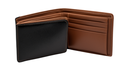 Open Brown and Black Leather Bi- Fold Wallet bi-fold isolated on a transparent background