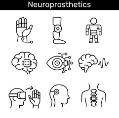 Neuroprosthetics outline icons set. Bionic hand, prosthetic leg, exoskeleton, brain chip, cyber eye, brain signal, VR prosthesis control, neural implant, spinal implant
