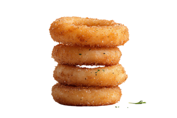 Delicious stack of four crispy onion rings on a white isolated background.
