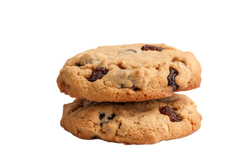 Delicious stacked oatmeal cookies with raisins on a white isolated background.