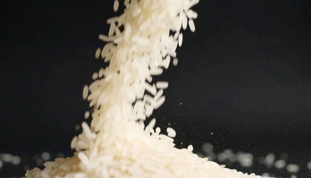 White rice pouring onto a dark surface