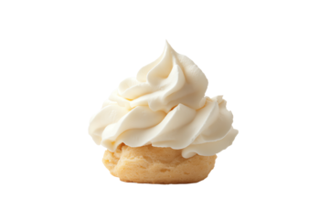 Delicious vanilla cupcake topped with creamy frosting against a white background.