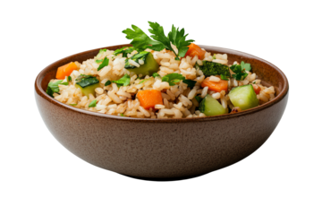 Delicious vegetable rice served in a brown bowl, garnished with fresh herbs, perfect for a nutritious meal.
