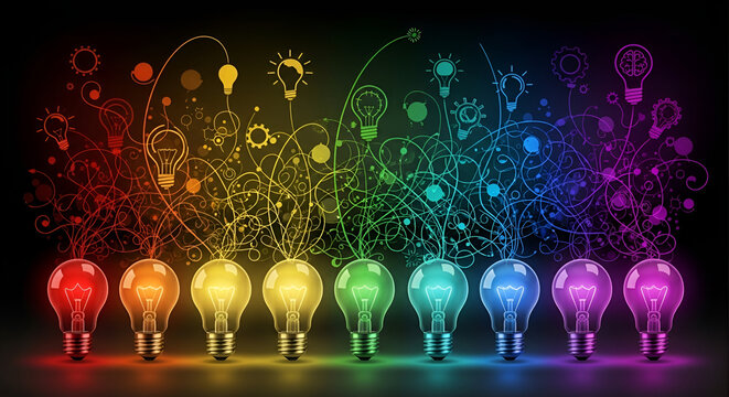 Row of lightbulbs with ideas in rainbow colors