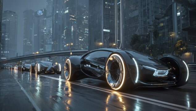 Futuristic vehicles on a wet city street at night - Powered by Adobe