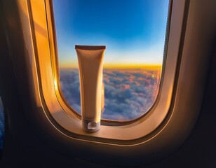sunrise view from airplane window with skincare tube resting on sill during flight white skincare tube on the window sill of an airplane with a beautiful sunrise illuminating the clouds outside