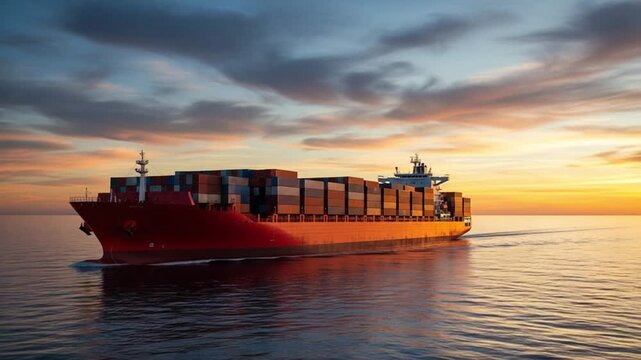 Cargo ship sailing on the ocean at sunset with container boxes stacked on deck under a cloudy sky
