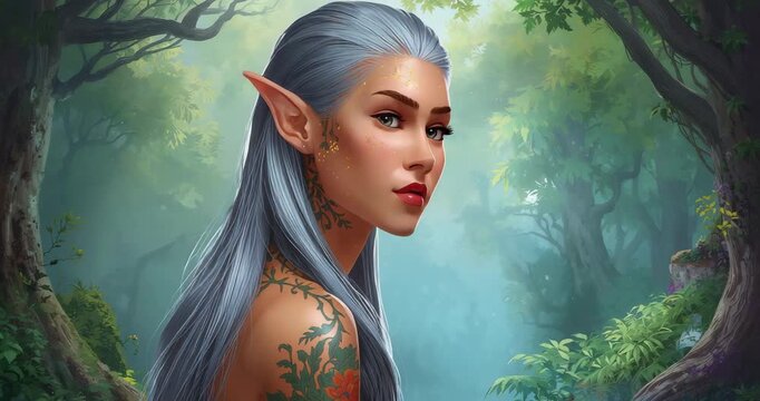 Standing silver-haired elf holding still profile view in misty forest clearing, with leafy tattoos