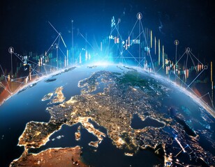 digital finance theme earth with crypto nodes and streaming numbers europe highlighted