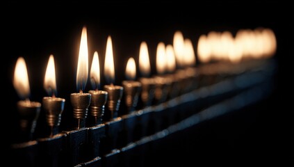 Lit candles in a dark menorah