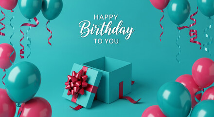 Teal gift box with red bow, surrounded by pink and teal balloons and ribbons, on a teal background, celebrating a birthday