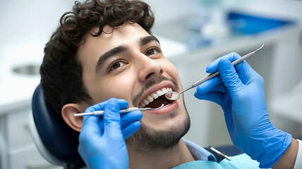 Young man with open mouth undergoing dental examination with instruments by a dentist wearing blue gloves in a bright clinic