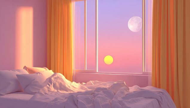 Pastel bedroom, sunrise view through window