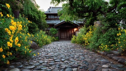 Fototapeta premium Cobblestone path leading to traditional Japanese house. Lush greenery and yellow flowers line the way