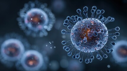 This image depicts a detailed, close-up view of a virus, showcasing its intricate structure and surrounding environment in a scientific style.