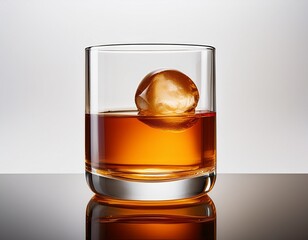 a clear glass with a spherical ice cube sits in amber liquid showcasing a minimalist design against a white background