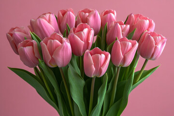 Fototapeta premium Numerous vibrant pink tulips with fresh green leaves arranged as a beautiful bouquet, presented against a soft solid pink background.