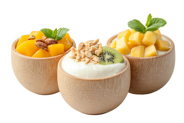 Three delicious yogurt cups topped with tropical fruits and nuts, beautifully presented in wooden bowls.