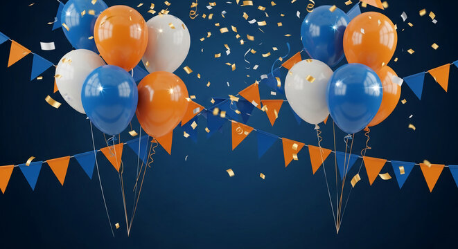 Blue, orange, white balloons with bunting and confetti on dark background Free space for text, celebration concept