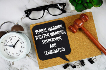 Verbal Warning, Written Warning, Suspension and Termination text on speech bubble with alarm clock...