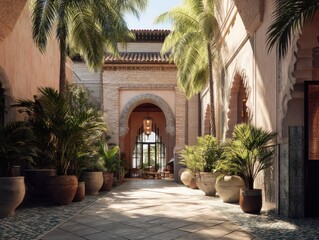 Naklejka premium A long hallway with a lot of plants and a lot of vases. The plants are green and the vases are brown