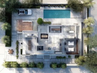 A house with a pool and a driveway. The house has a garage and a driveway. The pool is in the backyard