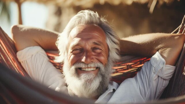 Smiling elderly man relaxes in a hammock under tropical sun with palms swaying in the background