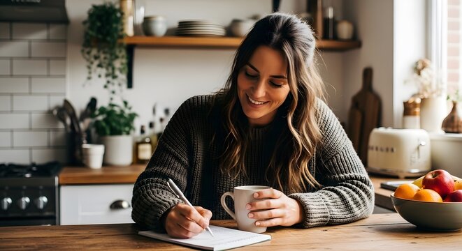 A smiling young woman enjoying her morning routine, writing in a journal and sipping from a mug in a cozy, sunlit kitchen