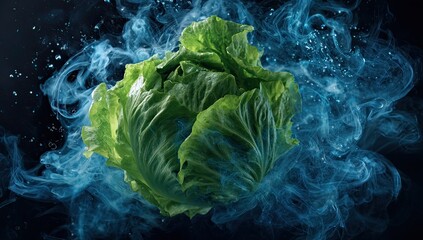 Fototapeta premium Fresh head of lettuce enveloped in blue smoke and water splashes