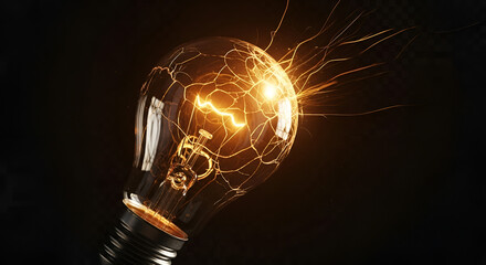 Electric light bulb with lightning on dark background
