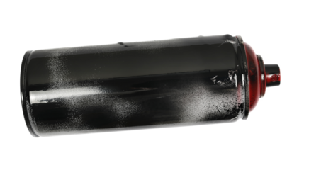 Used, dirty and stained blank black spray can isolated on white background, clipping path	