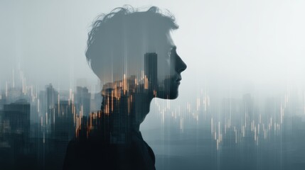 A silhouette of a man surrounded by a city skyline and financial graphs, symbolizing the interplay between human thought and economic dynamics.